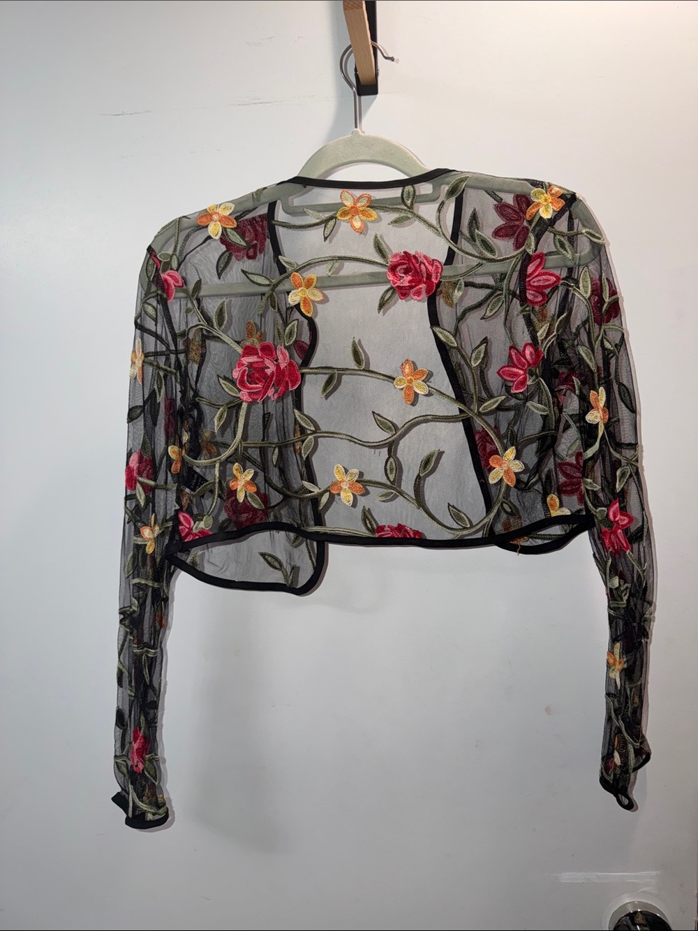 NWOT Embroidered Floral Sheer Bolero Jacket - Black with Pink & Yellow Flowers - Picture 4 of 5